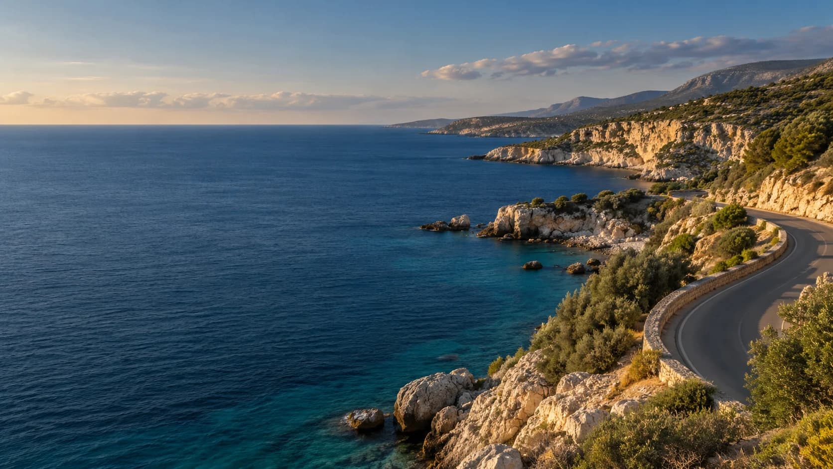 Sunlit Mediterranean coast and a winding coastal road — generated illustration